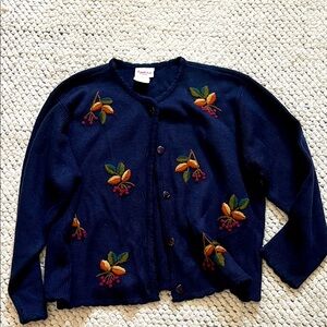 Navy Cardigan Sweater Fall Embroidered Leaves Size Large Petite